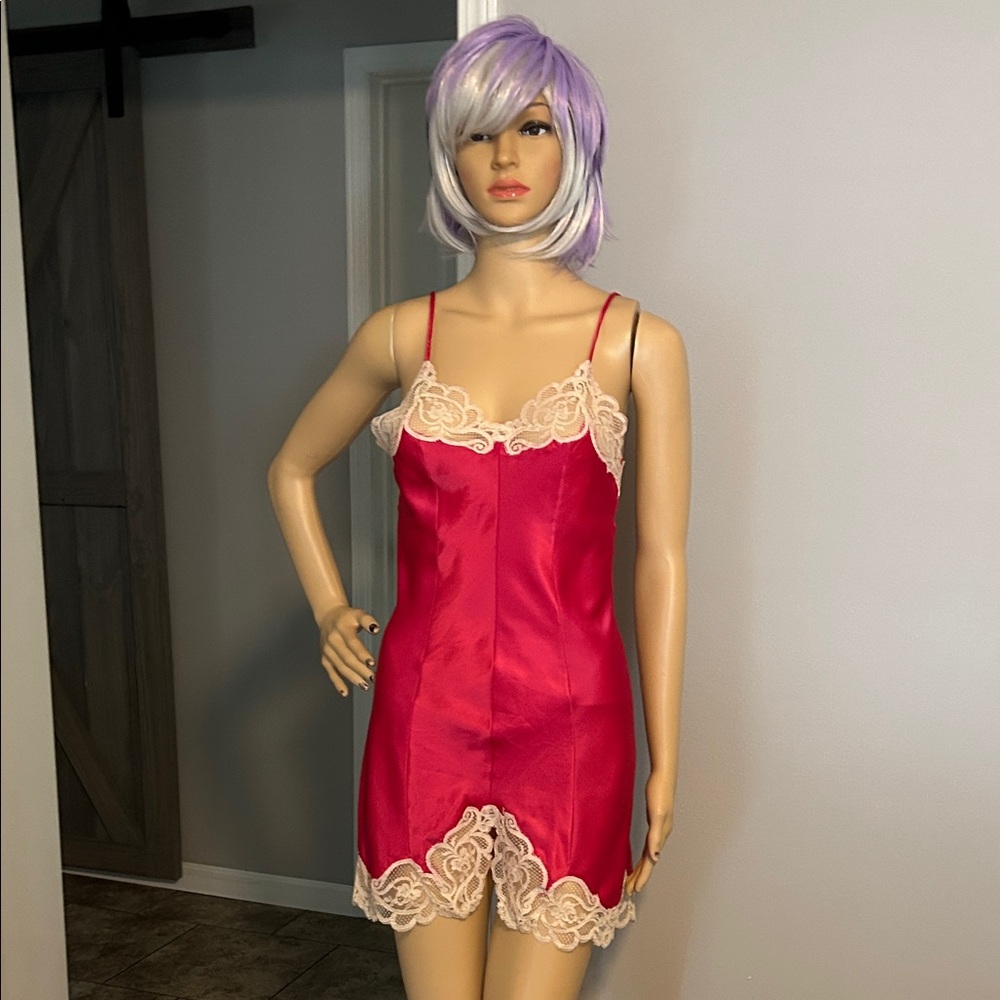 Lady Lynne Union Made 🇺🇸 Vintage 60’s PINK Satin Chemise Cream Lace RARE !